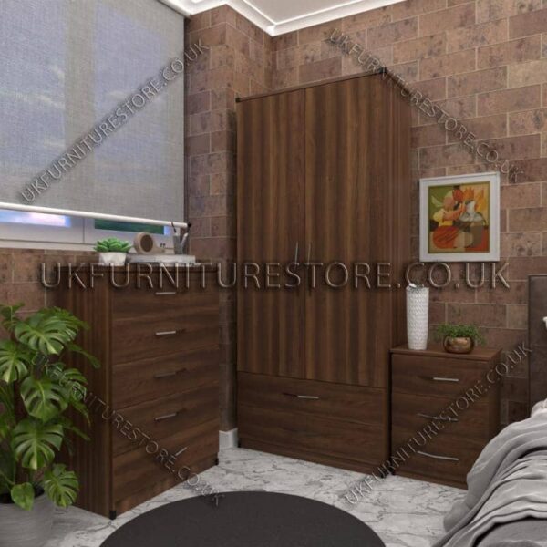 Walnut 2 Door Wardrobe Set With 2 Bottom Drawers