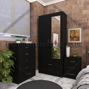 Black 2 Door Wardrobe Set With 1 Mirror and 2 Bottom Drawers