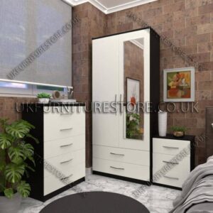 Front White Side Black 2 Door Wardrobe Set With 1 Mirror and 2 Bottom Drawers