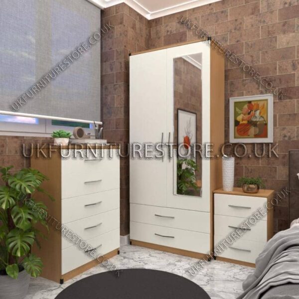 Front White Side Oak 2 Door Wardrobe Set With 1 Mirror and 2 Bottom Drawers