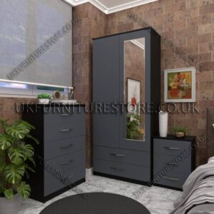 Front Gray Side Black 2 Door Wardrobe Set With 1 Mirror and 2 Bottom Drawers