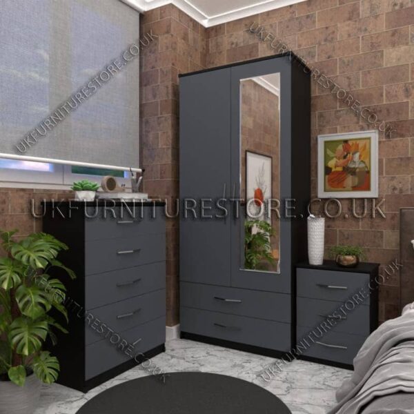 Front Gray Side Black 2 Door Wardrobe Set With 1 Mirror and 2 Bottom Drawers