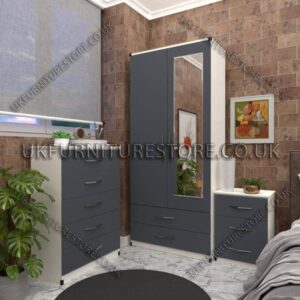 Front Gray Side White 2 Door Wardrobe Set With 1 Mirror and 2 Bottom Drawers