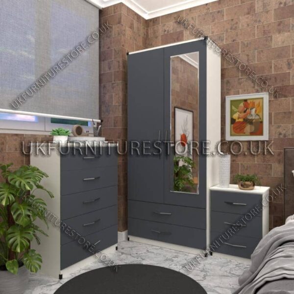 Front Gray Side White 2 Door Wardrobe Set With 1 Mirror and 2 Bottom Drawers