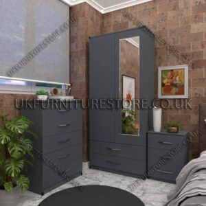 Gray 2 Door Wardrobe Set With 1 Mirror and 2 Bottom Drawers