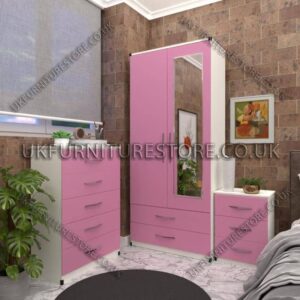 Front Pink Side White 2 Door Wardrobe Set With 1 Mirror and 2 Bottom Drawers