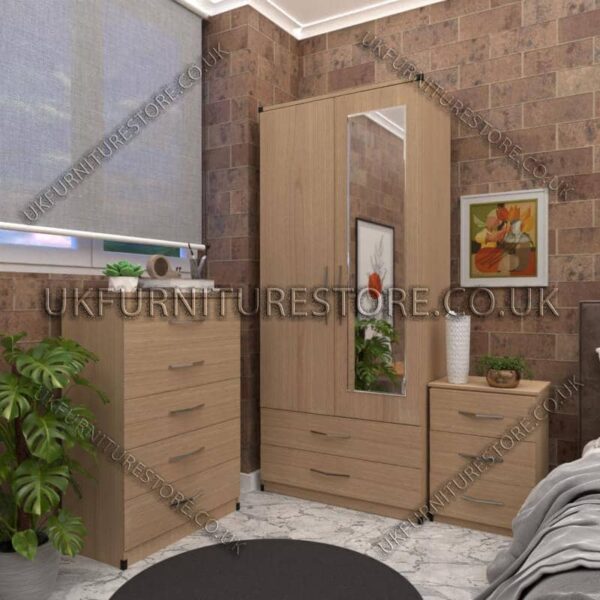 Oak 2 Door Wardrobe Set With 1 Mirror and 2 Bottom Drawers