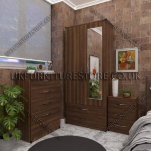 Walnut 2 Door Wardrobe Set With 1 Mirror and 2 Bottom Drawers