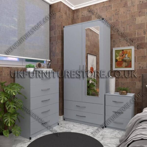 Silver 2 Door Wardrobe Set With 1 Mirror and 2 Bottom Drawers