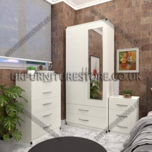White 2 Door Wardrobe Set With 1 Mirror and 2 Bottom Drawers