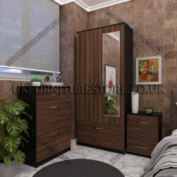Front Walnut Side Black 2 Door Wardrobe Set With 1 Mirror and 2 Bottom Drawers
