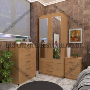 Beech 2 Door Wardrobe Set With 2 Mirrors and 2 Bottom Drawers