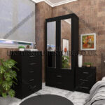 Black 2 Door Wardrobe Set With 2 Mirrors and 2 Bottom Drawers