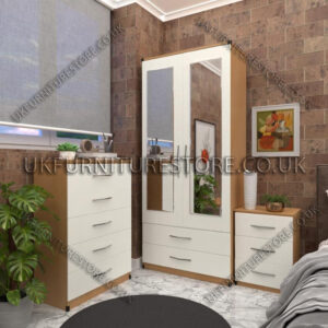 Front White Side Beech 2 Door Wardrobe Set With 2 Mirrors and 2 Bottom Drawers