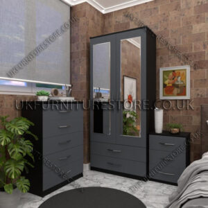 Front Gray Side Black 2 Door Wardrobe Set With 2 Mirrors and 2 Bottom Drawers