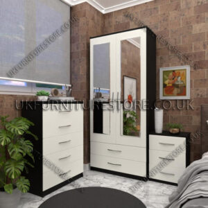Front White Side Black 2 Door Wardrobe Set With 2 Mirrors and 2 Bottom Drawers