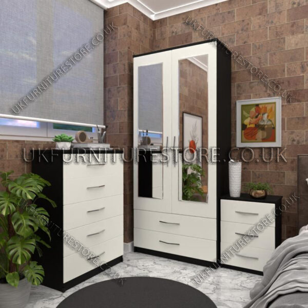 Front White Side Black 2 Door Wardrobe Set With 2 Mirrors and 2 Bottom Drawers