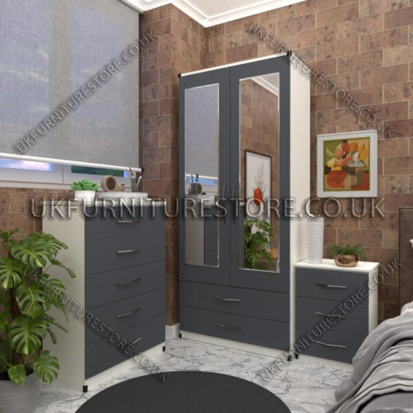 Front Gray Side White 2 Door Wardrobe Set With 2 Mirrors and 2 Bottom Drawers