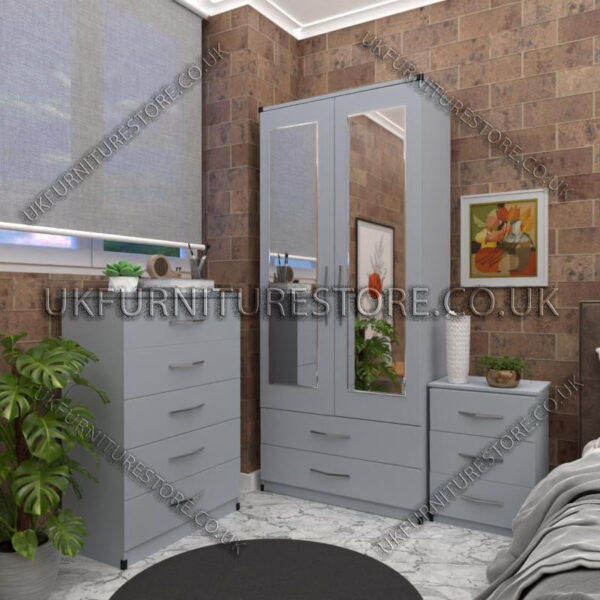 Silver 2 Door Wardrobe Set With 2 Mirrors and 2 Bottom Drawers