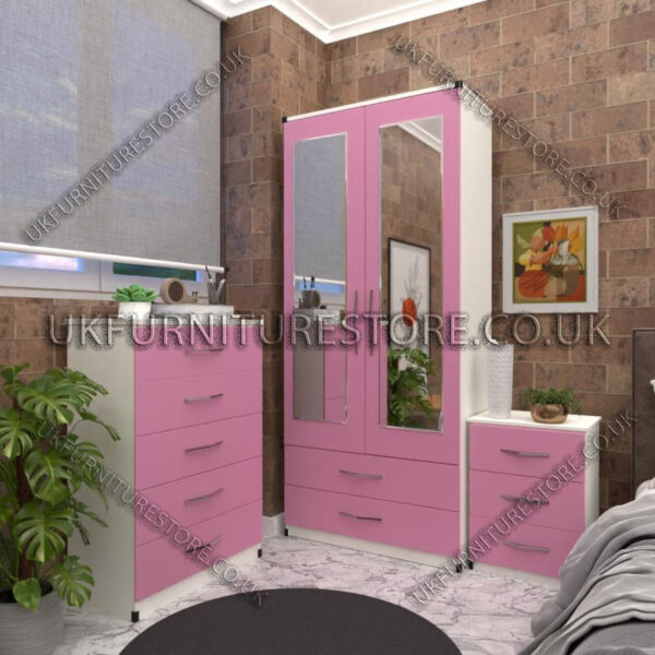 Front Pink Side White 2 Door Wardrobe Set With 2 Mirrors and 2 Bottom Drawers