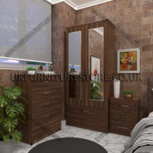 Walnut 2 Door Wardrobe Set With 2 Mirrors and 2 Bottom Drawers