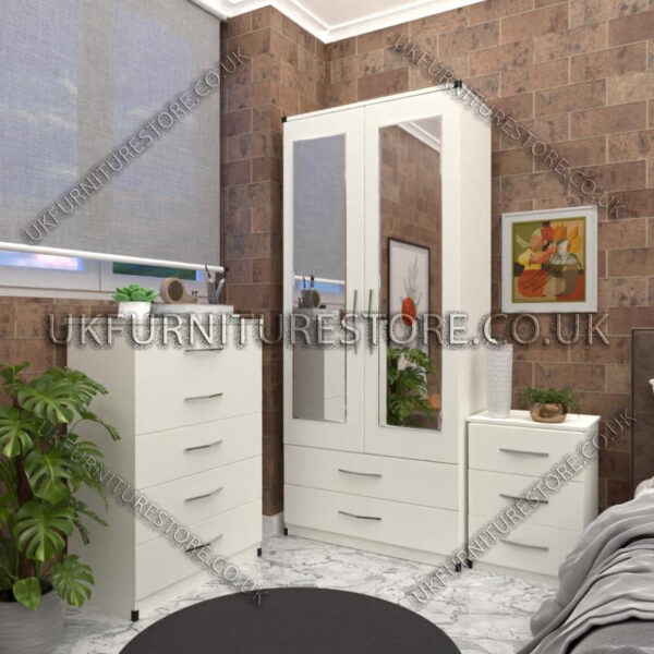 White 2 Door Wardrobe Set With 2 Mirrors and 2 Bottom Drawers