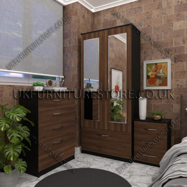 Front Walnut Side Black 2 Door Wardrobe Set With 2 Mirrors and 2 Bottom Drawers