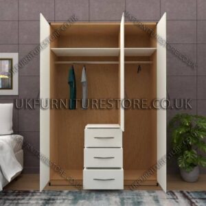 Front White Side Beech 3 Door Wardrobe Set With 3 Bottom Drawers