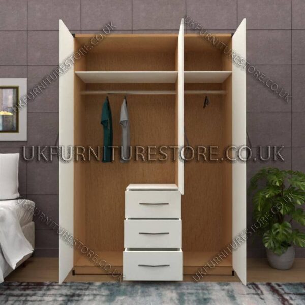 Front White Side Beech 3 Door Wardrobe Set With 3 Bottom Drawers