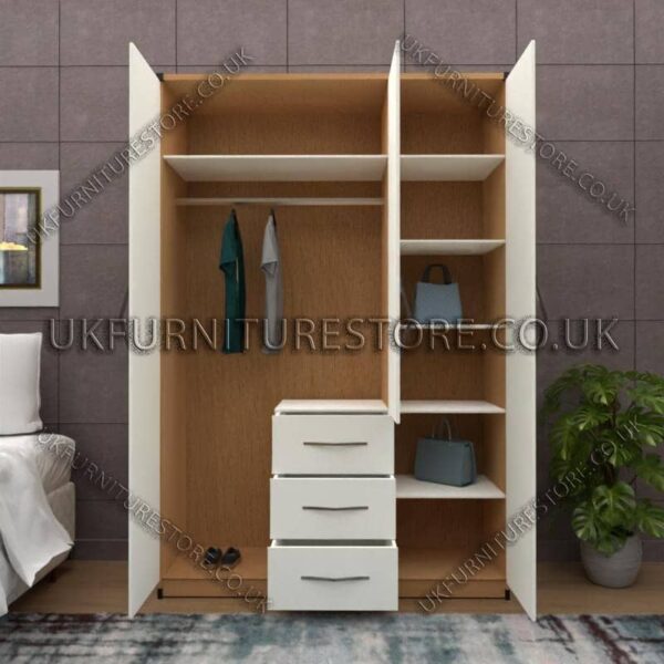 Front White Side Beech 3 Door Wardrobe Set With 3 Bottom Drawers