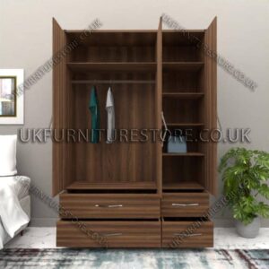 Walnut 3 Door Wardrobe Set With 4 Bottom Drawers