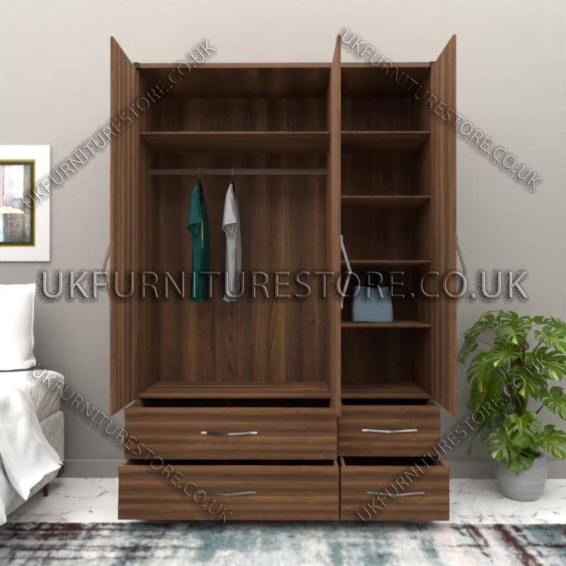 Walnut 3 Door Wardrobe Set With 4 Bottom Drawers