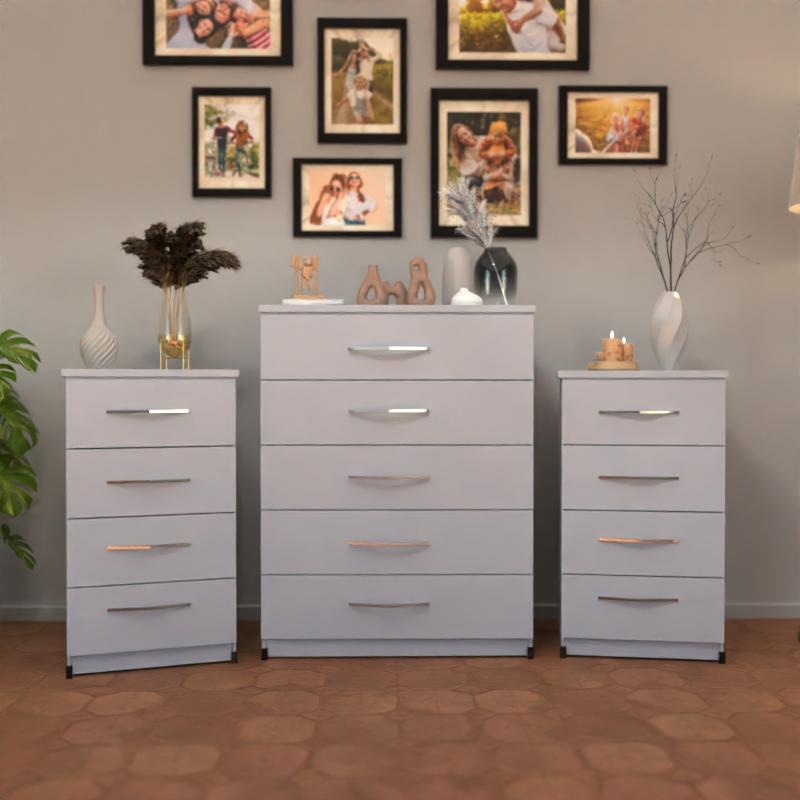 Silver Chest Drawer and 2 Bedsides