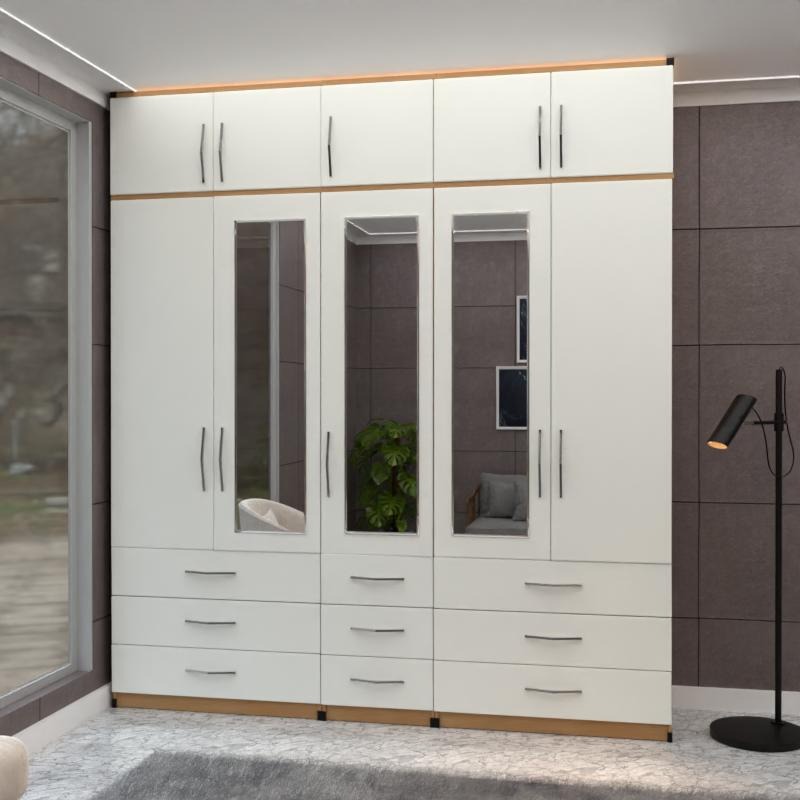 Silver 5 Door Wardrobe Set With 3 Mirrors 5 Upper and 9 Bottom Drawers