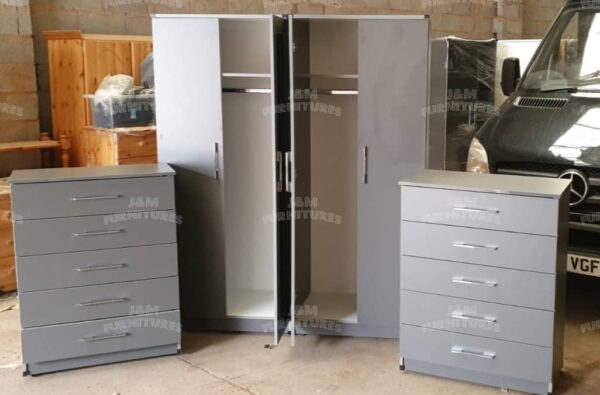 Silver 4 Door Wardrobe Set With Drawers