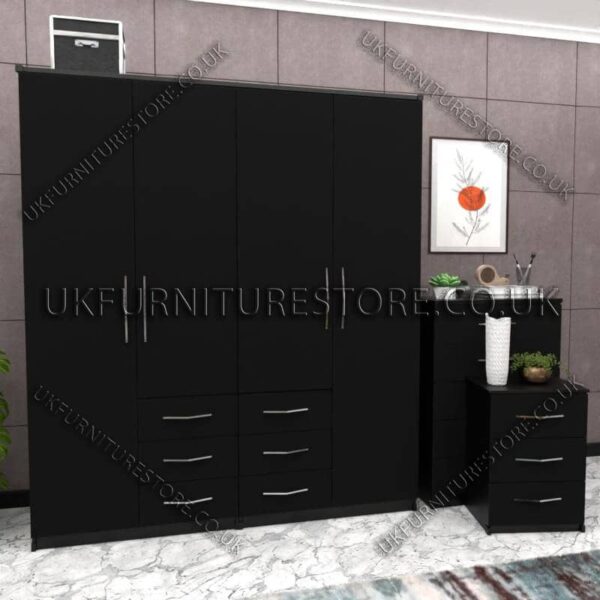Black 4 Door Wardrobe Set With 6 Bottom Drawers