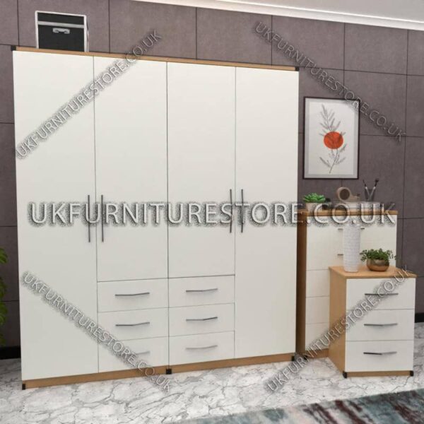 Front White Side Oak 4 Door Wardrobe Set With 6 Bottom Drawers