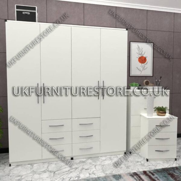 White 4 Door Wardrobe Set With 6 Bottom Drawers