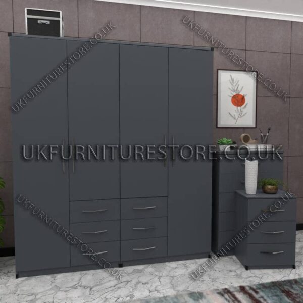 Gray 4 Door Wardrobe Set With 6 Bottom Drawers