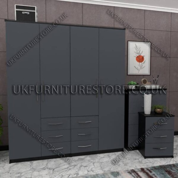 Front Gray Side Black 4 Door Wardrobe Set With 6 Bottom Drawers
