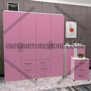 Front Pink Side White 4 Door Wardrobe Set With 6 Bottom Drawers