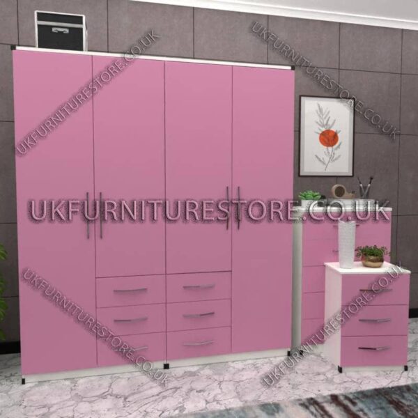 Front Pink Side White 4 Door Wardrobe Set With 6 Bottom Drawers