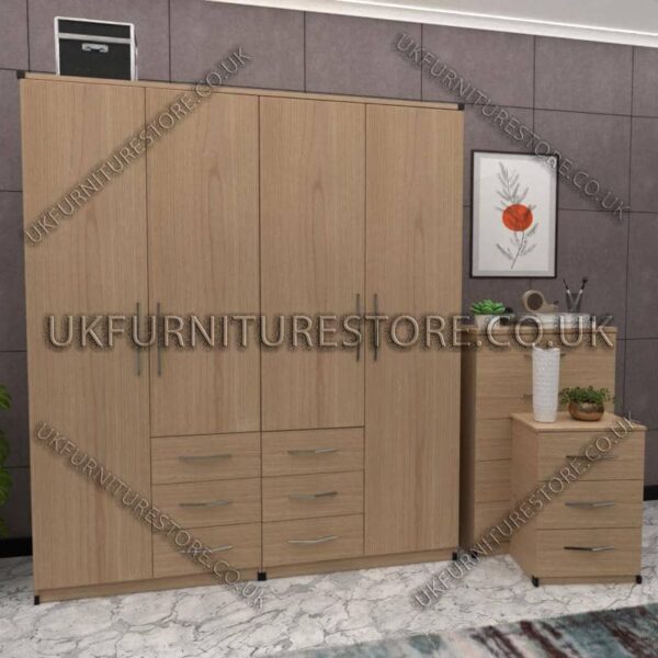 Oak 4 Door Wardrobe Set With 6 Bottom Drawers