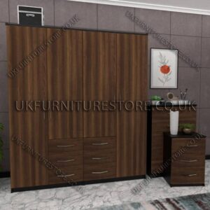 Front Walnut Side Black 4 Door Wardrobe Set With 6 Bottom Drawers