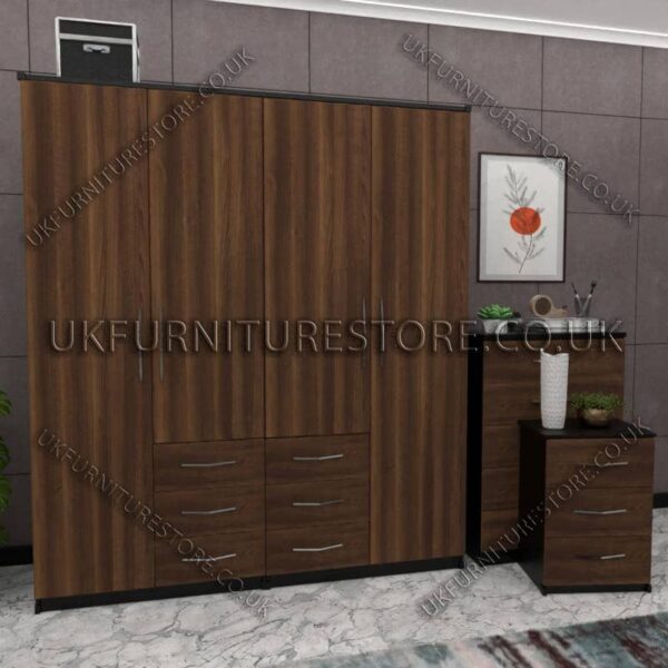 Front Walnut Side Black 4 Door Wardrobe Set With 6 Bottom Drawers