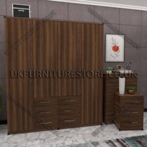 Walnut 4 Door Wardrobe Set With 6 Bottom Drawers