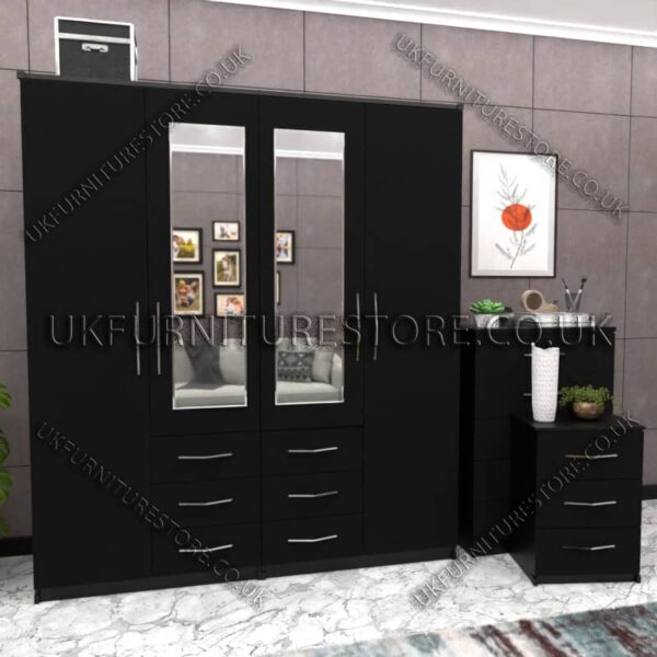 Black 4 Door Wardrobe Set With 2 Mirrors