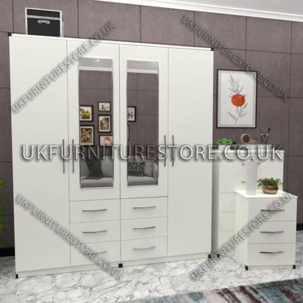 White 4 Door Wardrobe Set With 2 Mirrors