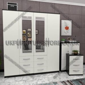 Front White Side Black 4 Door Wardrobe Set With 2 Mirrors