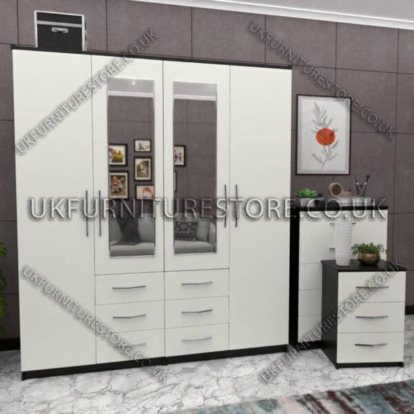 Front White Side Black 4 Door Wardrobe Set With 2 Mirrors